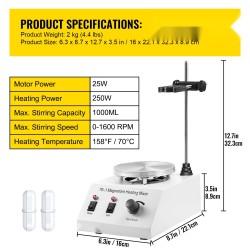 Magneettisekoittaja kuumalevyllä laboratorioon ruostumattomasta teräksestä 12 cm 1 L 0–1600 kierrosta minuutissa