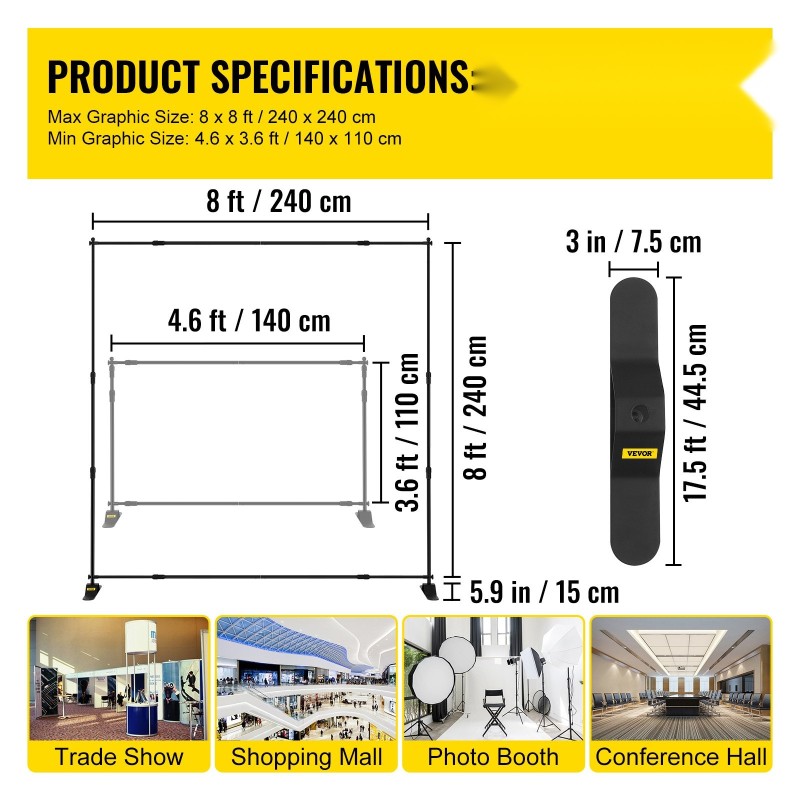 Taustaseinän banneriteline alumiinirunko säädettävä leveys 140–240 cm korkeus 110–240 cm kevyt kuljetuslaukku
