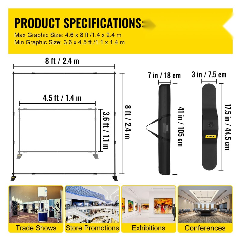 Taustabanneriteline alumiinirunko säädettävä 1,1–2,4 m korkeus 4 kpl pakkaus