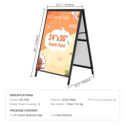 A-mallinen jalkakäytäväkyltti 24x36-tuumaisille julisteille Q235-teräs musta kaksipuolinen ulkokäyttöön