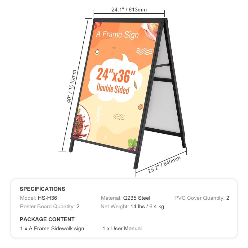 A-mallinen jalkakäytäväkyltti 24x36-tuumaisille julisteille Q235-teräs musta kaksipuolinen ulkokäyttöön