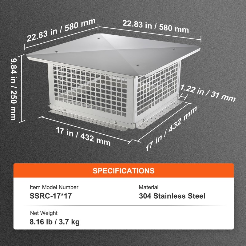 Savupiipun hattu sadesuojattu ulkokäyttöön 304-ruostumaton teräs 582x582x245 mm