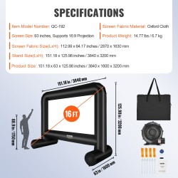 Ilmatäytteinen valkokangas Oxford-kangas 287 x 163 cm 16:9-kuvasuhde kantolaukulla ulkokäyttöön