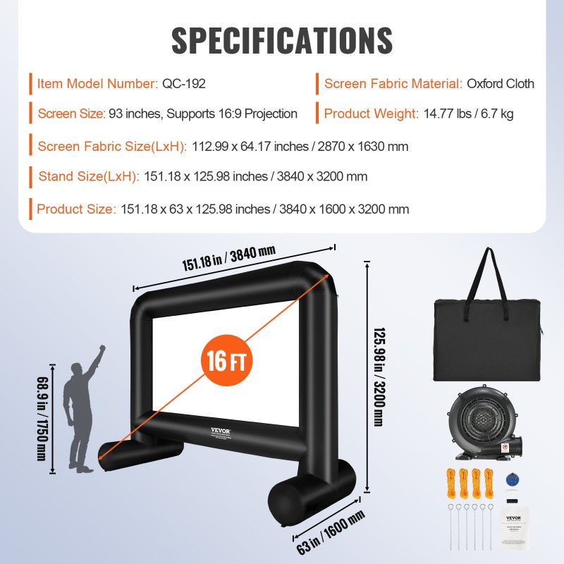 Ilmatäytteinen valkokangas Oxford-kangas 287 x 163 cm 16:9-kuvasuhde kantolaukulla ulkokäyttöön