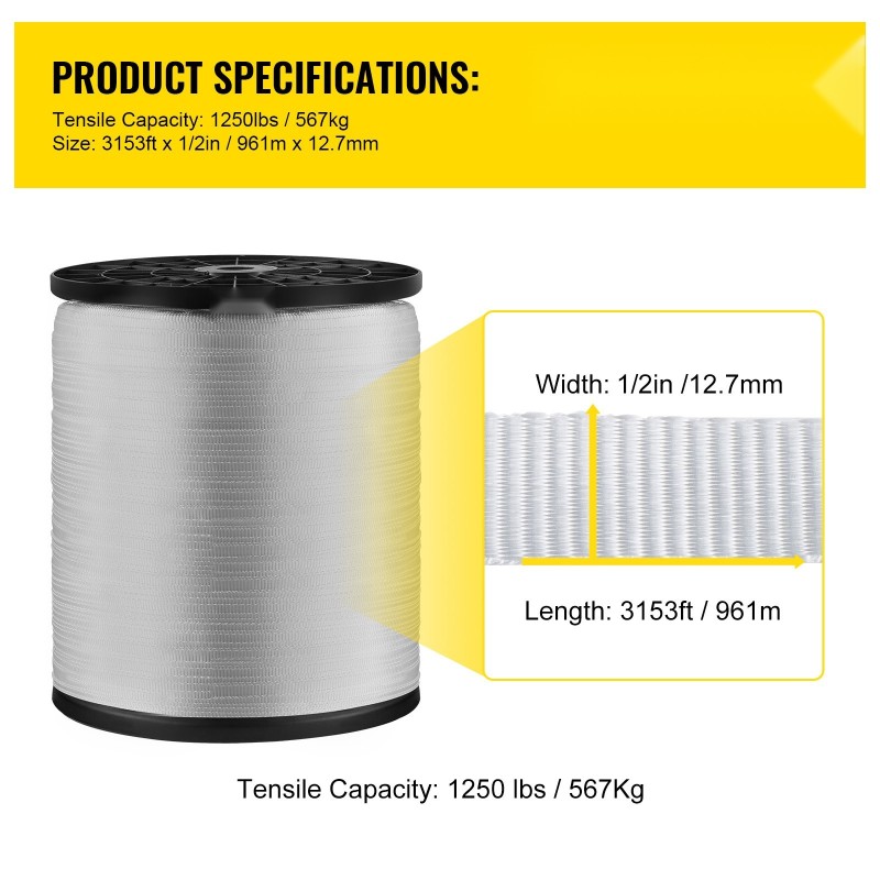 Polyesterinen litteä vetonauha 961 m 12,7 mm 567 kg vetolujuus kaapelien vetoon