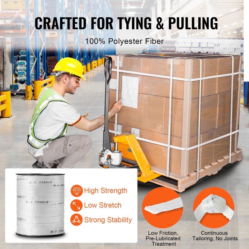 Litteä polyesterivetonauha kaapelivetoon 96,9 m x 1,6 cm 998 kg vetolujuus valkoinen