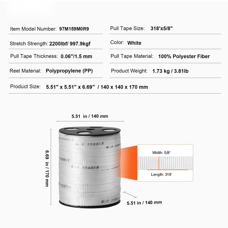 Litteä polyesterivetonauha kaapelivetoon 96,9 m x 1,6 cm 998 kg vetolujuus valkoinen