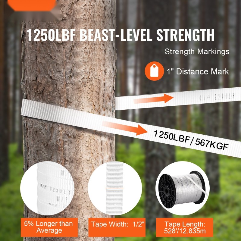 Polyesterinen vetonauha 160,9 m 1,3 cm leveä 567 kg vetolujuus valkoinen pituusmerkinnöillä