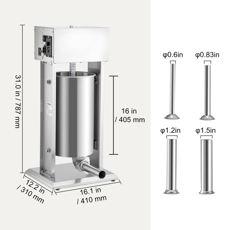 Sähkökäyttöinen pystymallinen makkarantäyttölaite 15 L ruostumaton teräs 260W 4 suutinta