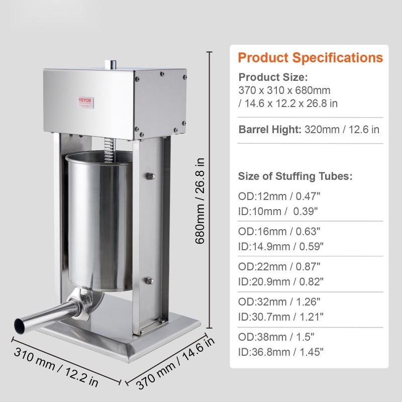 Sähköinen makkarantäyttökone 12 L 304 ruostumaton teräs portaaton nopeudensäätö jalkapoljin 5 täyttöputkea