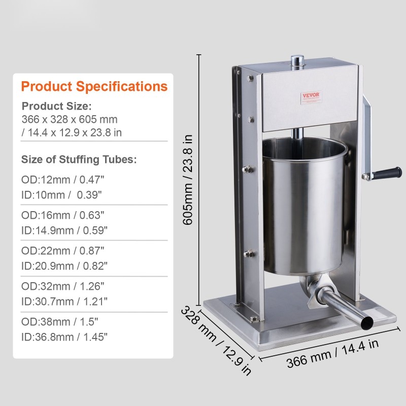Pystymallinen kaksinopeuksinen makkaran täyttökone 10 L ruostumaton teräs 5 täyttöputkea