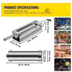 Manuaalinen vaakasuuntainen makkararuisku 7 litran elintarvikelaatuinen ruostumaton teräs kaksinopeuksinen 5 täyttöputkea