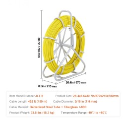 Lasikuituinen kaapelinvetojousi 150 m 8 mm ABS-pintainen teräskelateline 3 vaihdettavaa vetopäätä