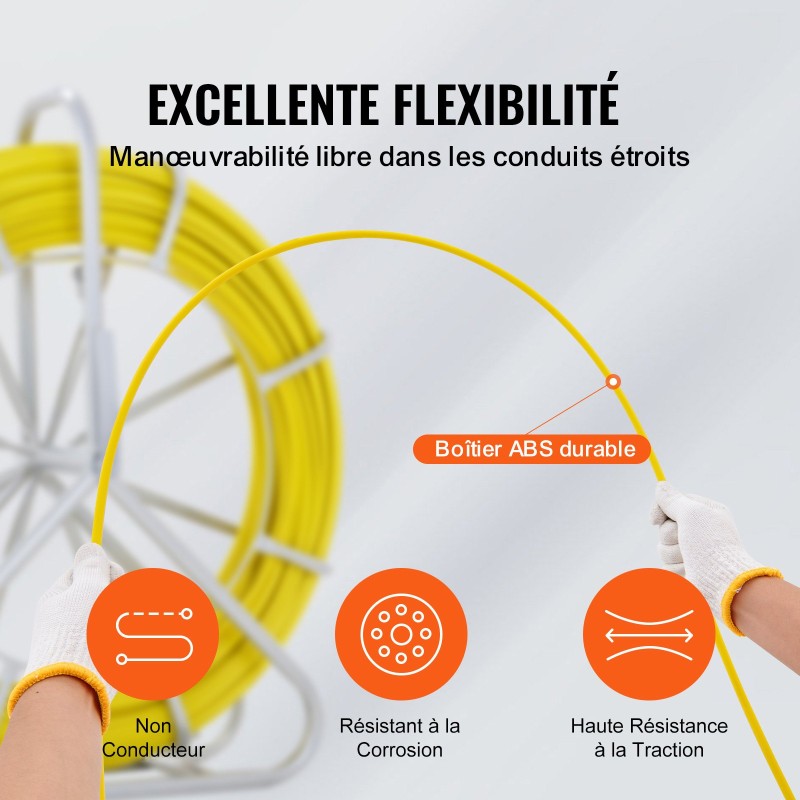 Lasikuituinen vetojousi 129,5 m 6,35 mm terästelineellä 3 vaihdettavaa vetopäätä eristävä rakenne