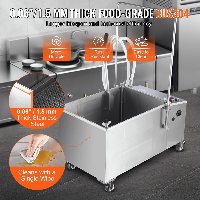 Liikuteltava friteerausöljyn suodatin 38 l säiliö 10 l/min 304-ruostumaton teräs pyörillä