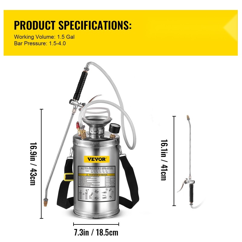 Painepullo 6L ruostumattomasta teräksestä käsikäyttöinen puutarhaan ja siivoukseen