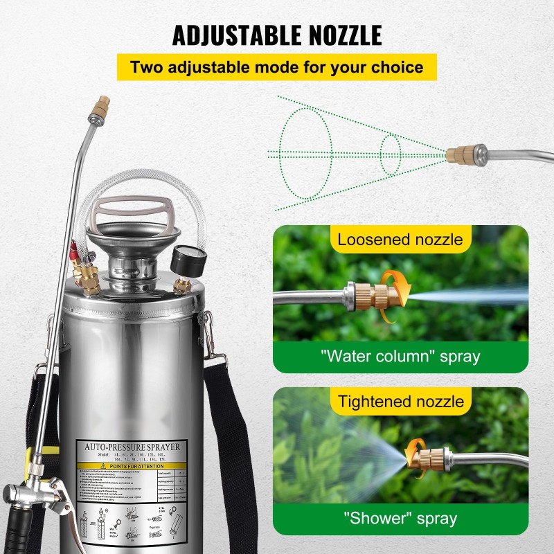 Paineellinen ruisku ruostumattomasta teräksestä 10 L käsikäyttöinen puutarhan ja lattioiden puhdistukseen