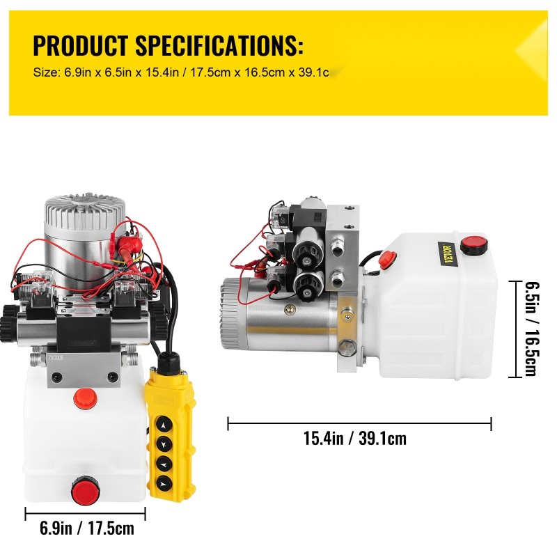 Kaksitoiminen hydraulinen tehopaketti kaksisolenoidinen 12V 1600W 4,5 l muovisäiliöllä