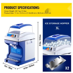 Kaupallinen jäämurskain ruostumaton teräsrunko 5 litran syöttösäiliö 200 kilogrammaa tunnissa 300 wattia