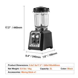 Tehosekoitin muovikannulla 2 litraa 2200 wattia musta mehustin mylly ammattikäyttöön