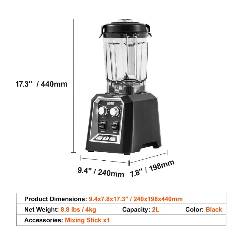 Tehosekoitin muovikannulla 2 litraa 2200 wattia musta mehustin mylly ammattikäyttöön