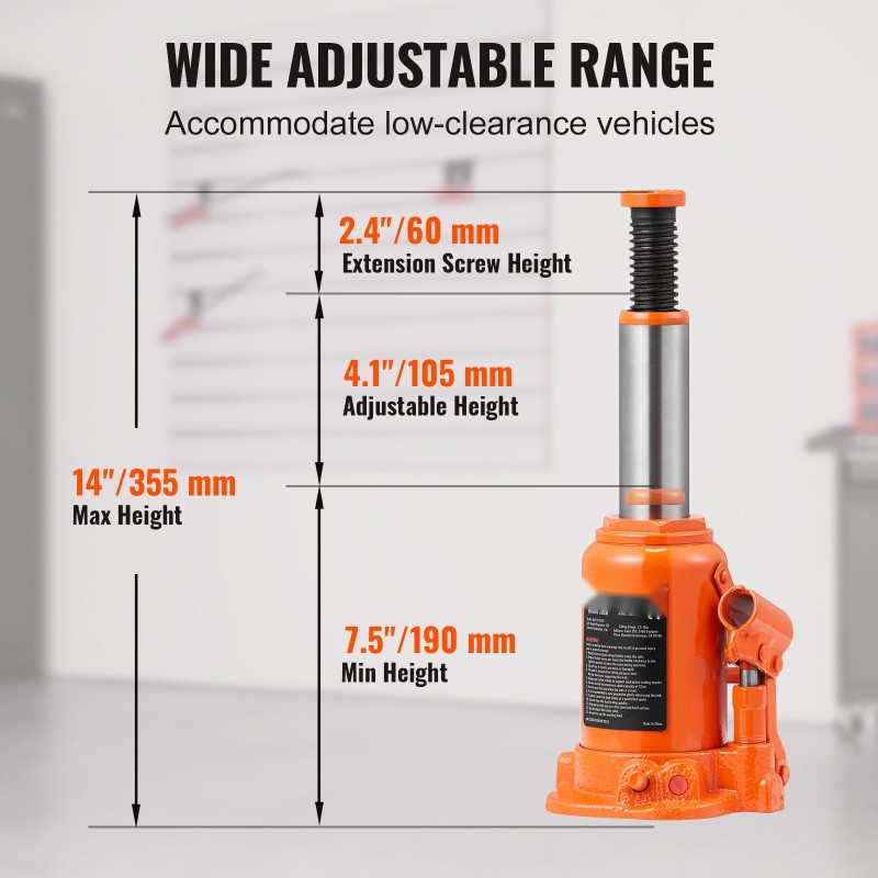 Hydraulinen pullotunkki 12 tonnia nostokorkeus 190–355 mm kauttaaltaan hitsattu runko kolmiosainen varsi