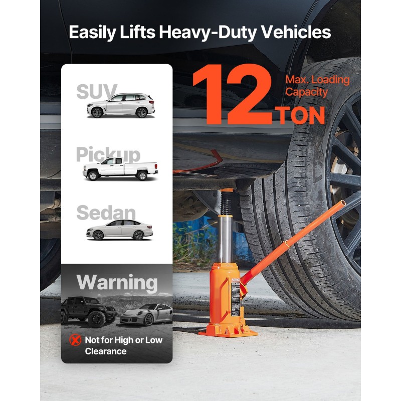 Hydraulinen pullotunkki 12 t 205–400 mm nostoalue valurauta ja hiiliteräs autoille