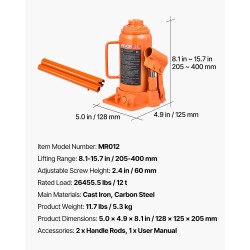 Hydraulinen pullotunkki 12 t 205–400 mm nostoalue valurauta ja hiiliteräs autoille