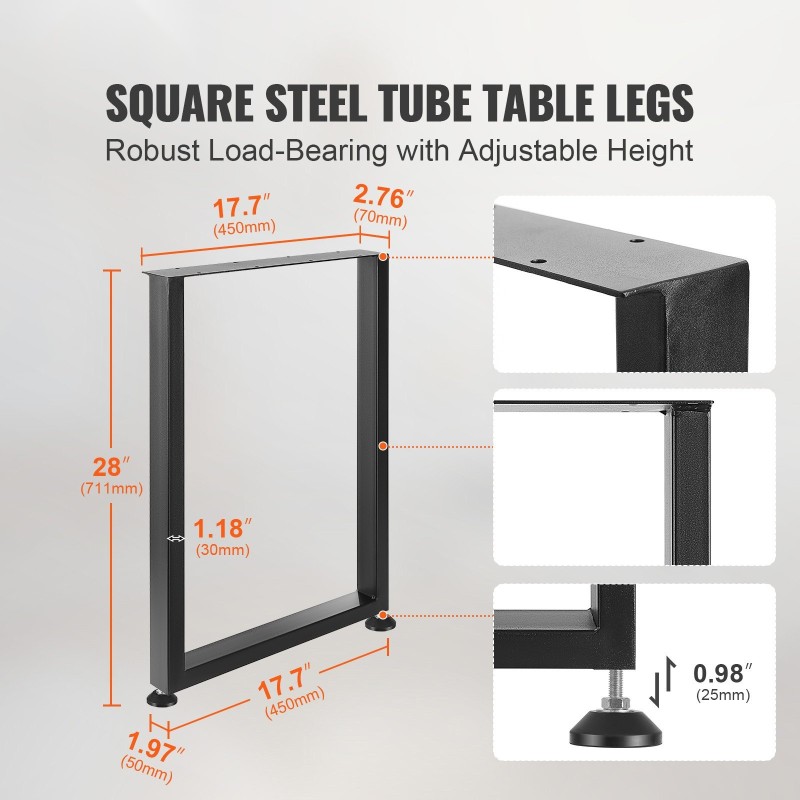 Säädettävät pöydänjalat hiiliteräsrakenne 711 mm poikkileikkaus 50×30 mm setti 2 kpl