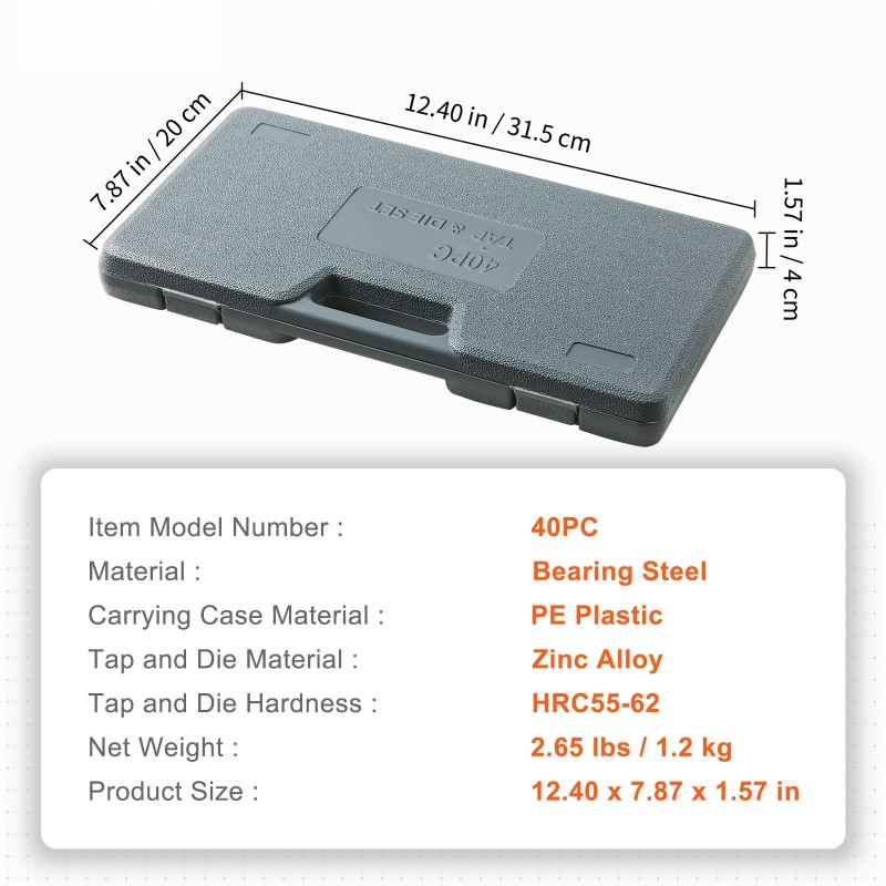 Kierretappi ja leuasarja 40 osaa laakeriteräksestä SAE NC NF NPT säilytyslaatikolla