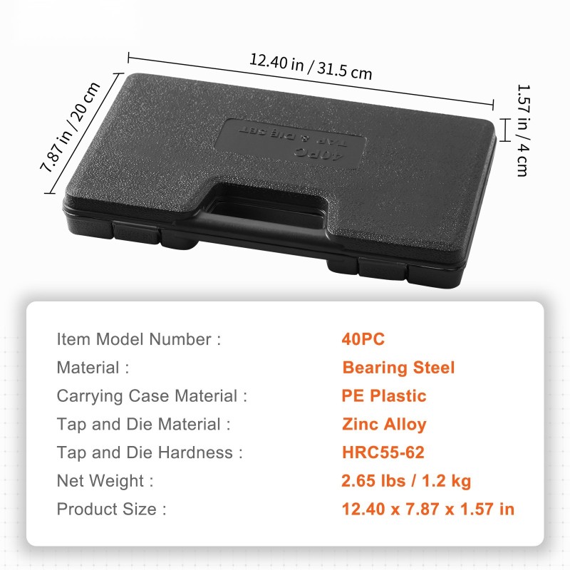 Kierretappi- ja kierretuppisarja 40-osainen metriset koot M3–M12 laakeriterästä