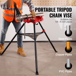 Kolmijalkainen ketjuruuvipuristin teräsrunkoinen kokoontaittuva putkikapasiteetti 3,2–152 mm työkaluallas 600 kg