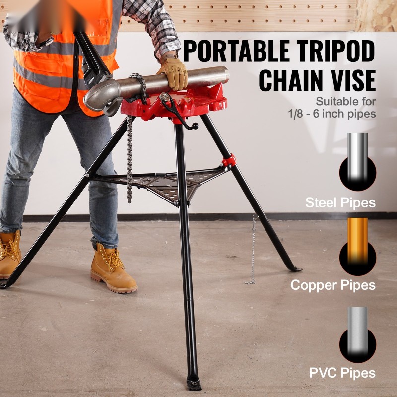 Kolmijalkainen ketjuruuvipuristin teräsrunkoinen kokoontaittuva putkikapasiteetti 3,2–152 mm työkaluallas 600 kg