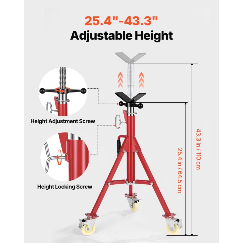 Teräs V-päinen putkiteline rullilla säädettävä korkeus 50,5–93,5 cm 400 kg 0,32–30,48 cm