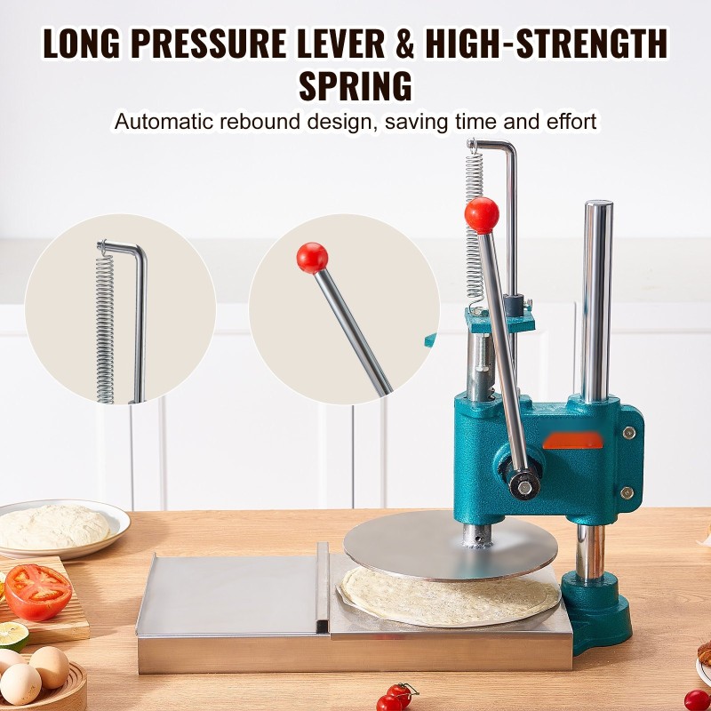 Pizzataikinapuristin 24 cm ruostumaton teräs korkeussäädettävä manuaalinen painevarsi koti ja ammattikäyttö