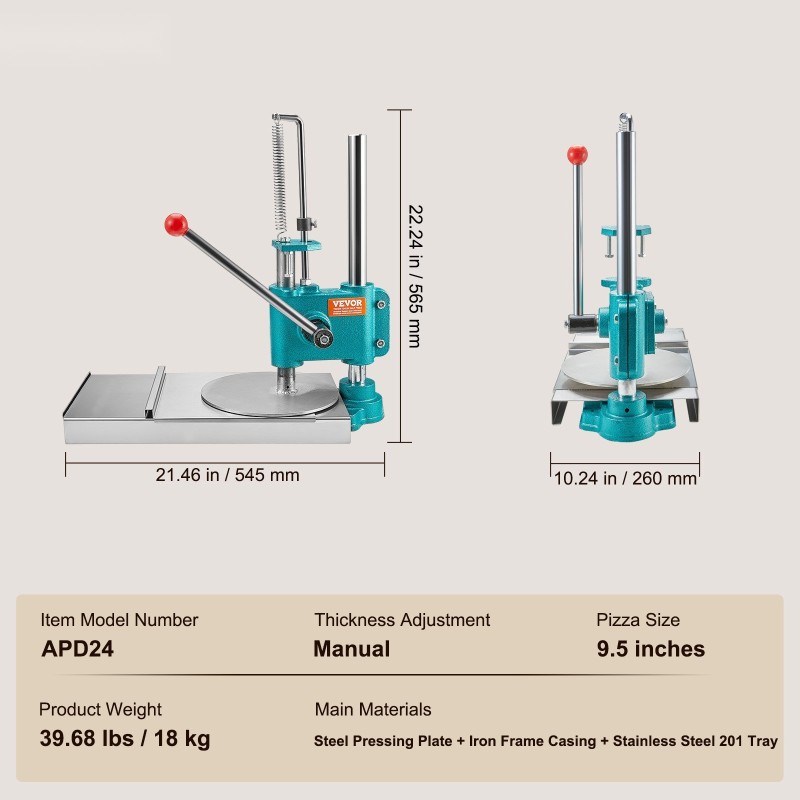 Pizzataikinapuristin 24 cm ruostumaton teräs korkeussäädettävä manuaalinen painevarsi koti ja ammattikäyttö