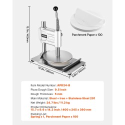 Manuaalinen pizzataikinan puristin ruostumattomasta teräksestä 9,5 tuuman 5 mm 100 leivinpaperiarkkia