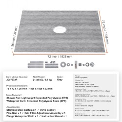 Suihkupohjasarja 1828x1828x32 mm vesitiivis EPS-pohja XPS-kynnys PVC-laippa ruostumaton teräsritilä