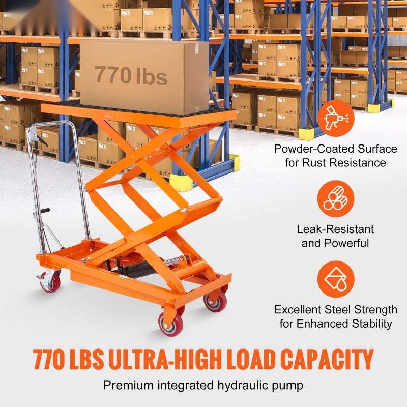 Hydraulinen saksinostopöytäkärry kylmävalssattu teräs 350 kg 350–1530 mm 905×510 mm 4 pyörää