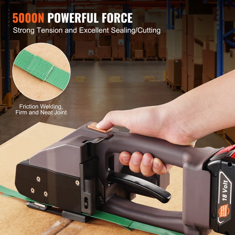 Sähkökäyttöinen sidontakone PP- ja PET-nauhoille 10–19 mm, harjaton moottori, 2 irrotettavaa litiumakkua