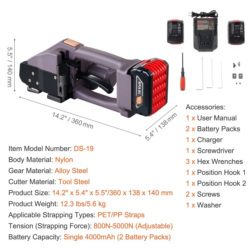 Sähkökäyttöinen sidontakone PP- ja PET-nauhoille 10–19 mm, harjaton moottori, 2 irrotettavaa litiumakkua