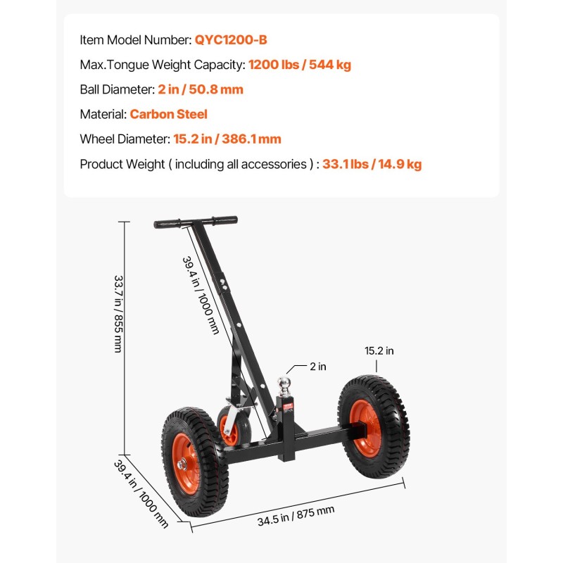 Peräkärryn siirtäjä hiiliteräs 544 kg aisapaino 2 tuuman vetokuula 15,2 tuuman ilmakumirenkaat