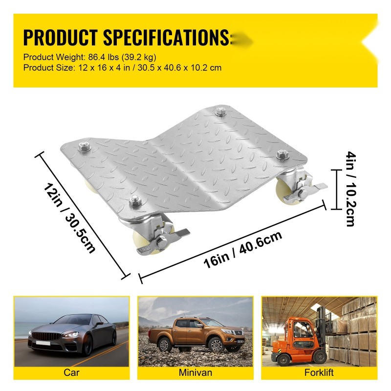 Ajoneuvon siirtovaunut 2 kpl teräs 500 kg vaunua kohti 406x305 mm