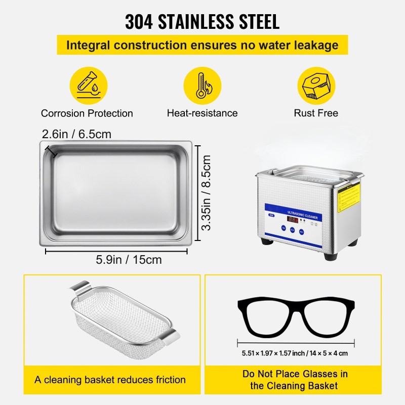 Ultraäänipesuri 0,8 l 304-ruostumaton teräsallas 40 kHz 24 W ajastin LED-näytöllä