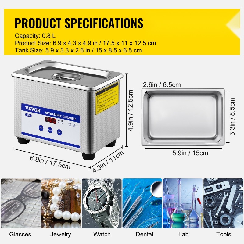 Ultraäänipesuri 0,8 l 304-ruostumaton teräsallas 40 kHz 24 W ajastin LED-näytöllä