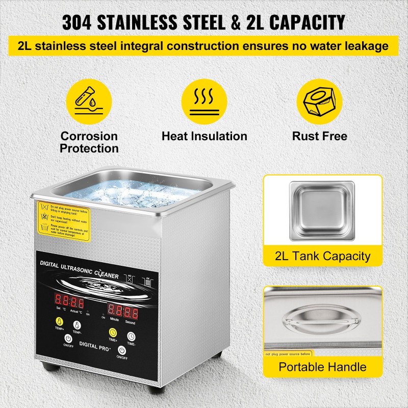 Ultraäänipesuri 2L 304-ruostumatonta terästä 40kHz 60W ultraääni 200W lämmitys