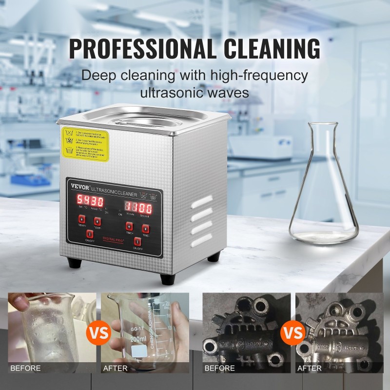 Ultraäänipuhdistin 2 L ruostumatonta terästä 40 kHz digitaalinen ajastin säädettävä lämmitys