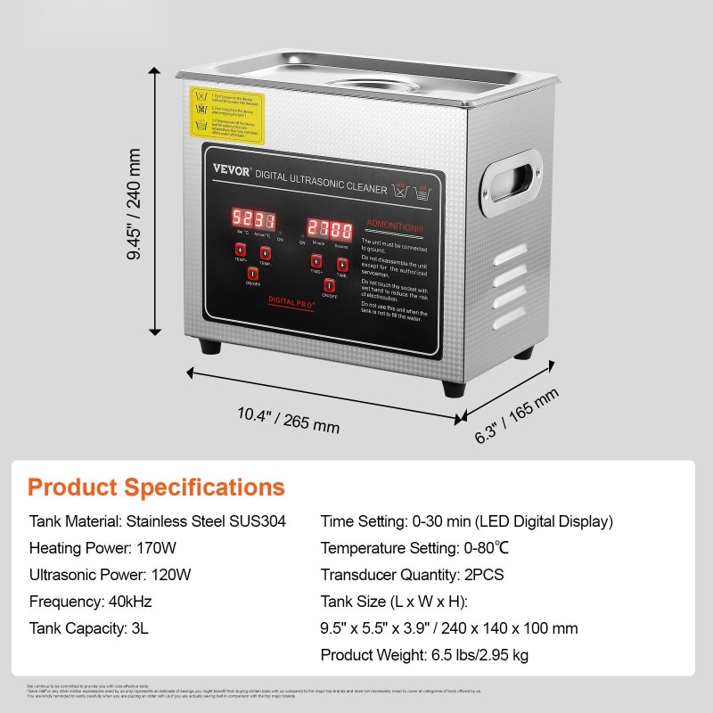 Ultraäänipuhdistin 3L ruostumaton teräs 40kHz digitaalinen ajastin ja lämmitys