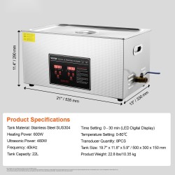Ultraäänipesuri 22 l ruostumaton teräs säiliö 40 kHz lämmitys digitaalinen ajastin