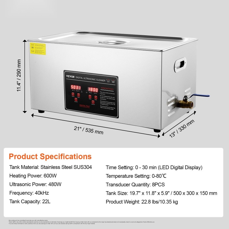 Ultraäänipesuri 22 l ruostumaton teräs säiliö 40 kHz lämmitys digitaalinen ajastin